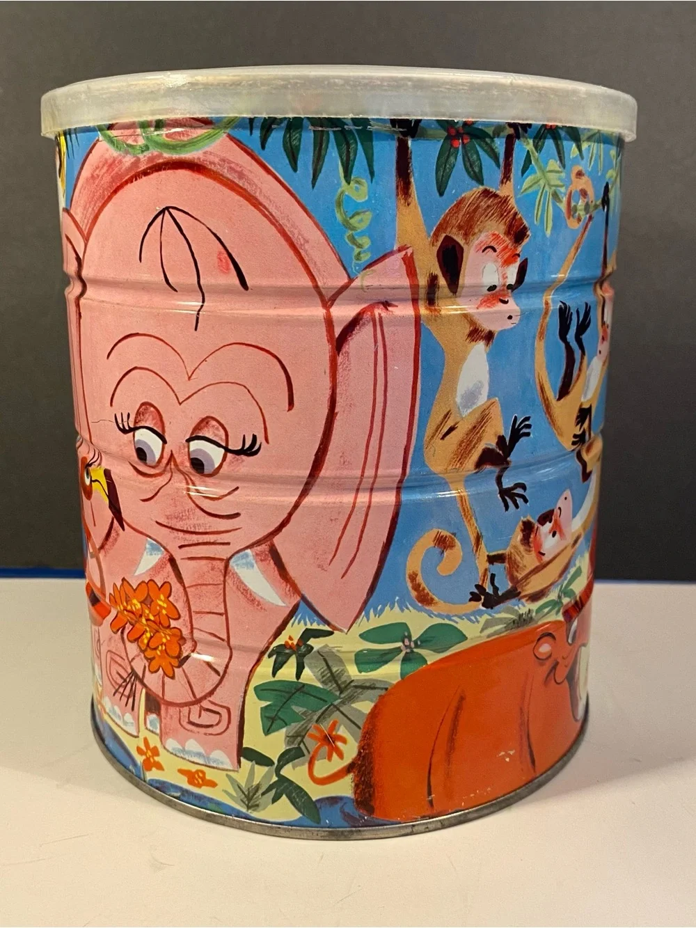 RARE Folgers Jungle Zoo Animals Coffee Can w/Lid 1960s Elephant Lion Hippo